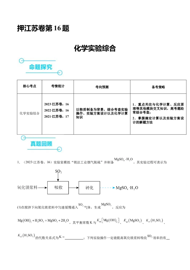 押江苏卷第16题化学实验综合（解析版）_05高考化学_2024年新高考资料_5.2024三轮冲刺_备战2024年高考化学临考题号押题（江苏专用）322863014