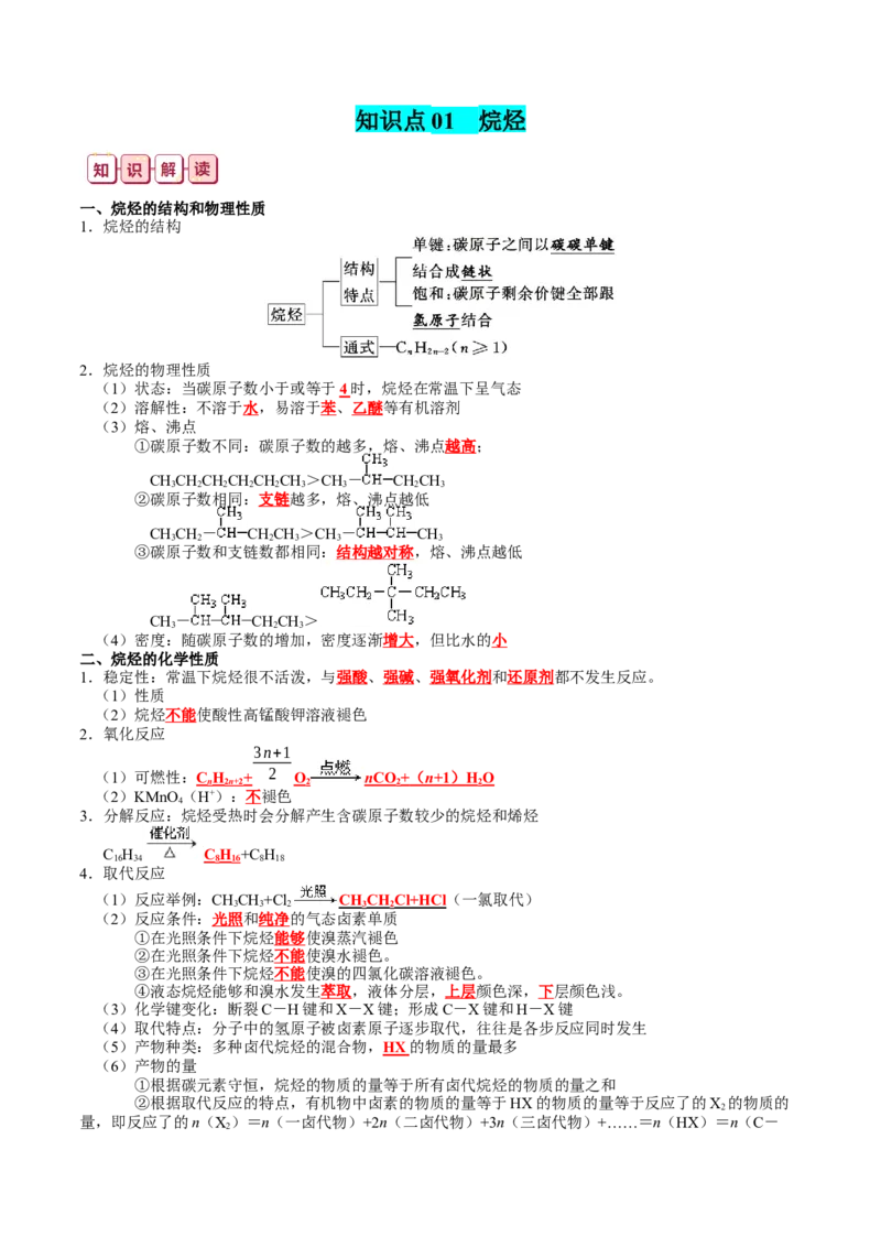 知识清单27+烃-口袋书2024年高考化学一轮复习知识清单_05高考化学_2024年新高考资料_1.2024一轮复习_2024年高考化学一轮复习知识清单