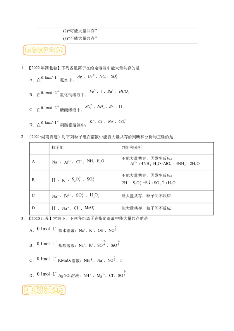 专题二离子共存和离子方程式-冲刺2023年高考化学二轮复习核心考点逐项突破（原卷版）_05高考化学_新高考复习资料_2023年新高考资料_二轮复习