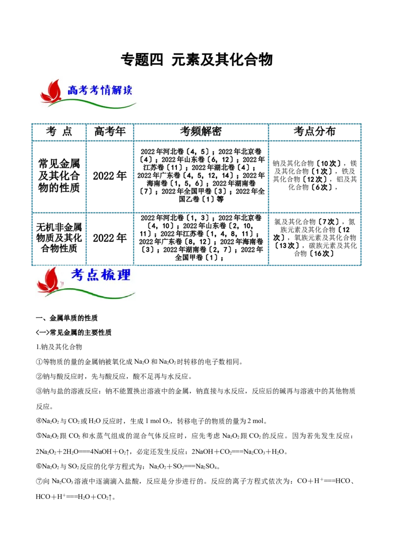 专题四元素及其化合物（解析版）_05高考化学_新高考复习资料_2023年新高考资料_二轮复习_题型分类归纳2023年高考化学二轮复习讲与练
