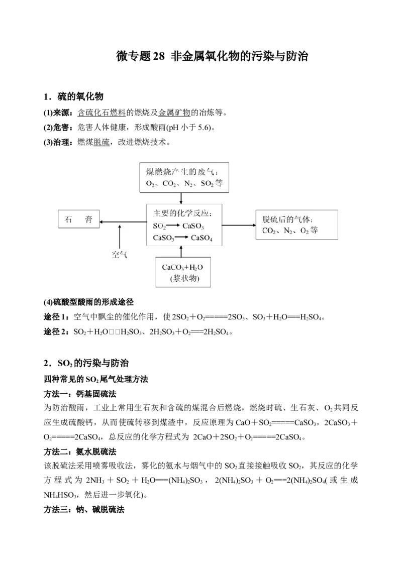 微专题28非金属氧化物的污染与防治-备战2022年高考化学考点微专题（原卷版）_05高考化学_新高考复习资料_2022年新高考资料_备战2022年高考化学考点微专题
