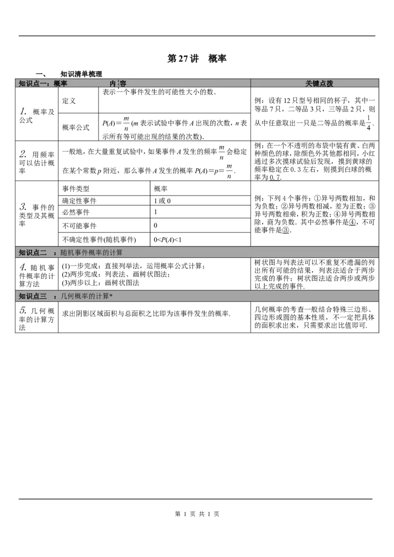 第27讲概率_初中数学人教版_9下-初中数学人教版_08知识点_中考知识点梳理（通用）_第八单元统计与概率