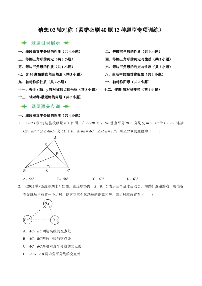 猜想03轴对称（易错必刷40题13种题型专项训练）（原卷版）_初中数学人教版_8上-初中数学人教版_旧版_06习题试卷_6期中期末复习专题