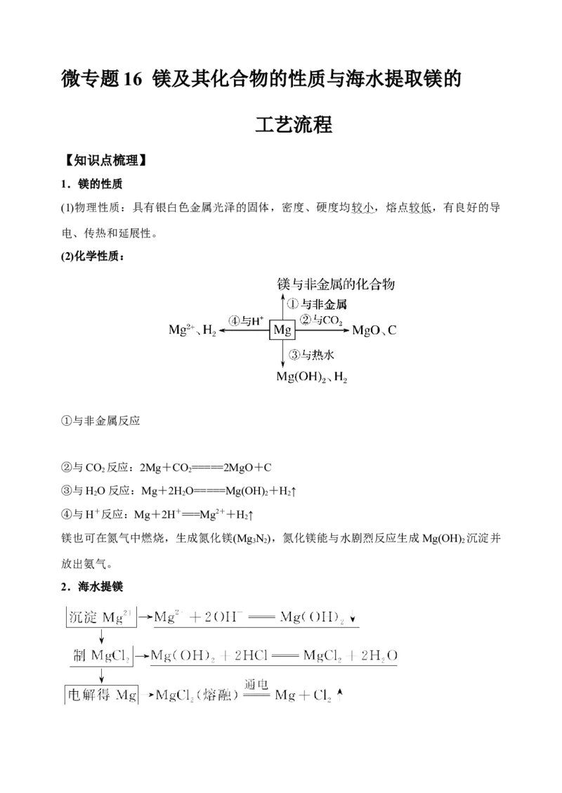 微专题16镁及其化合物的性质与海水提取镁的工艺流程-备战2022年高考化学考点微专题（原卷版）_05高考化学_新高考复习资料_2022年新高考资料_备战2022年高考化学考点微专题