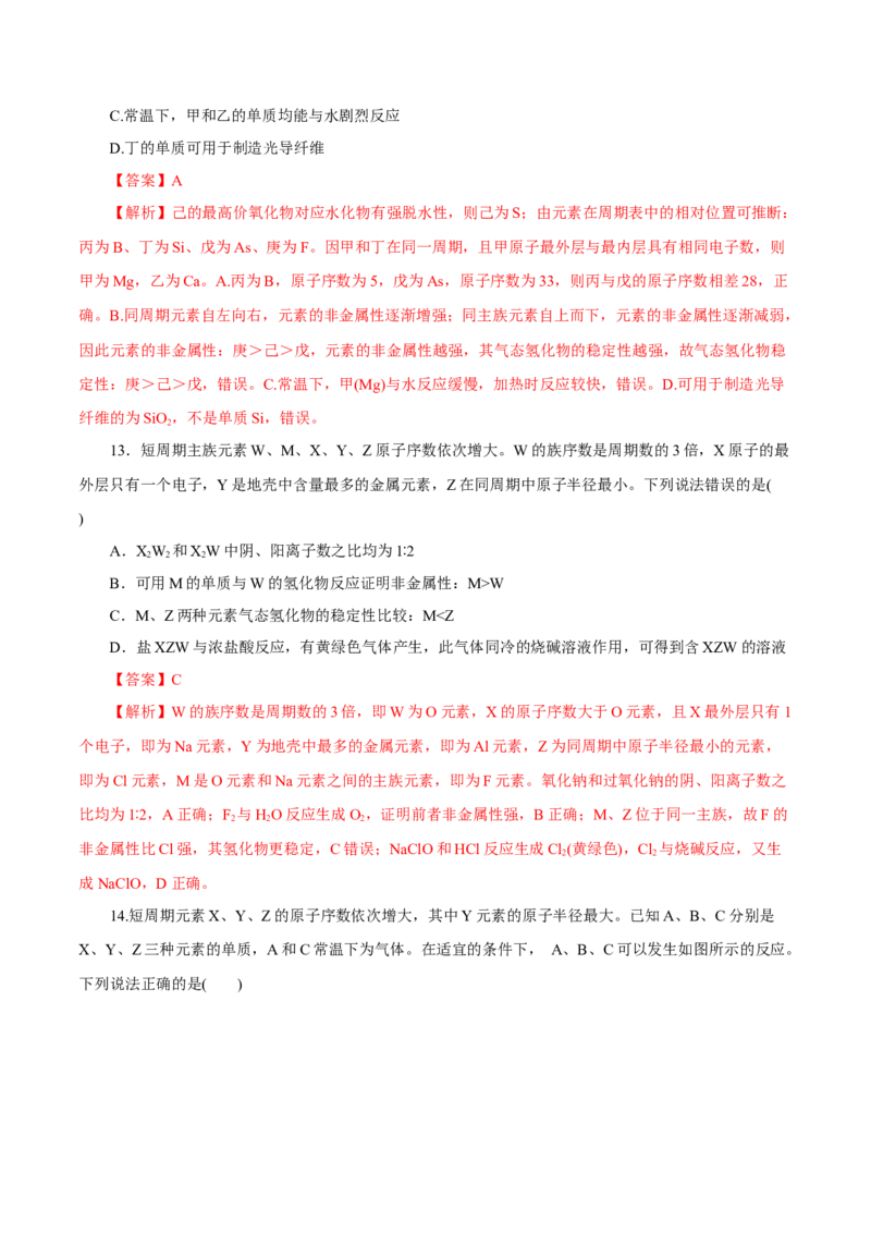 专题讲座（三）&ldquo;位-构-性&rdquo;综合推断题的解题方法（练）解析版_05高考化学_新高考复习资料_2022年新高考资料_2022年高考化学一轮复习讲练测（新教材新高考）