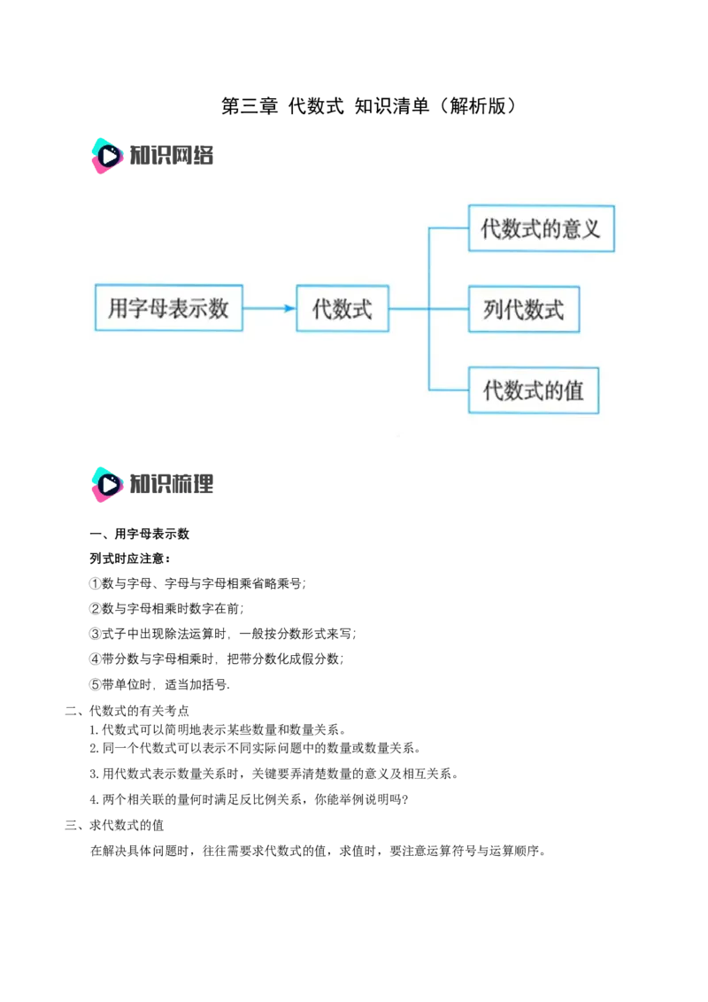 第三章代数式知识清单（解析版）_初中数学人教版_7上-初中数学人教版_7上-初中数学人教版（新版）_11知识点_（24秋季新教材）第3章代数式（知识清单）