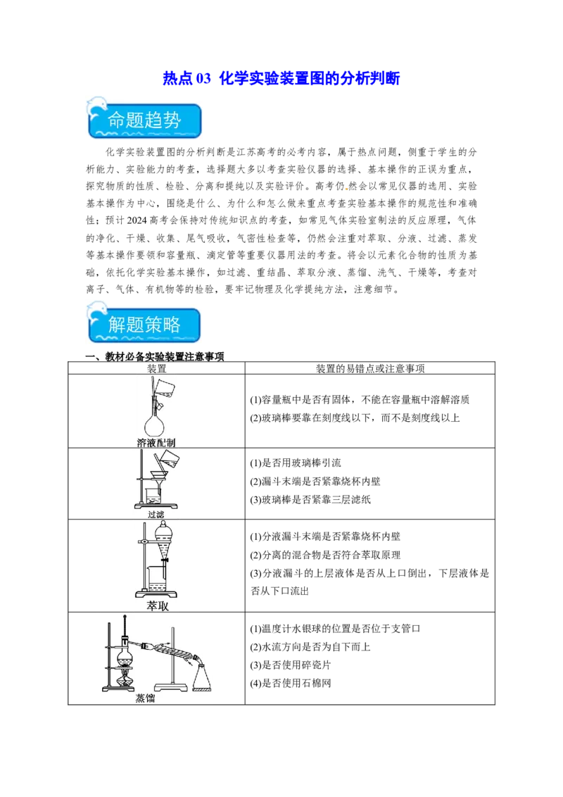 热点03化学实验装置图的分析判断（解析版）_05高考化学_2024年新高考资料_3.2024专项复习_2024年高考化学热点&middot;重点&middot;难点专练（江苏专用）