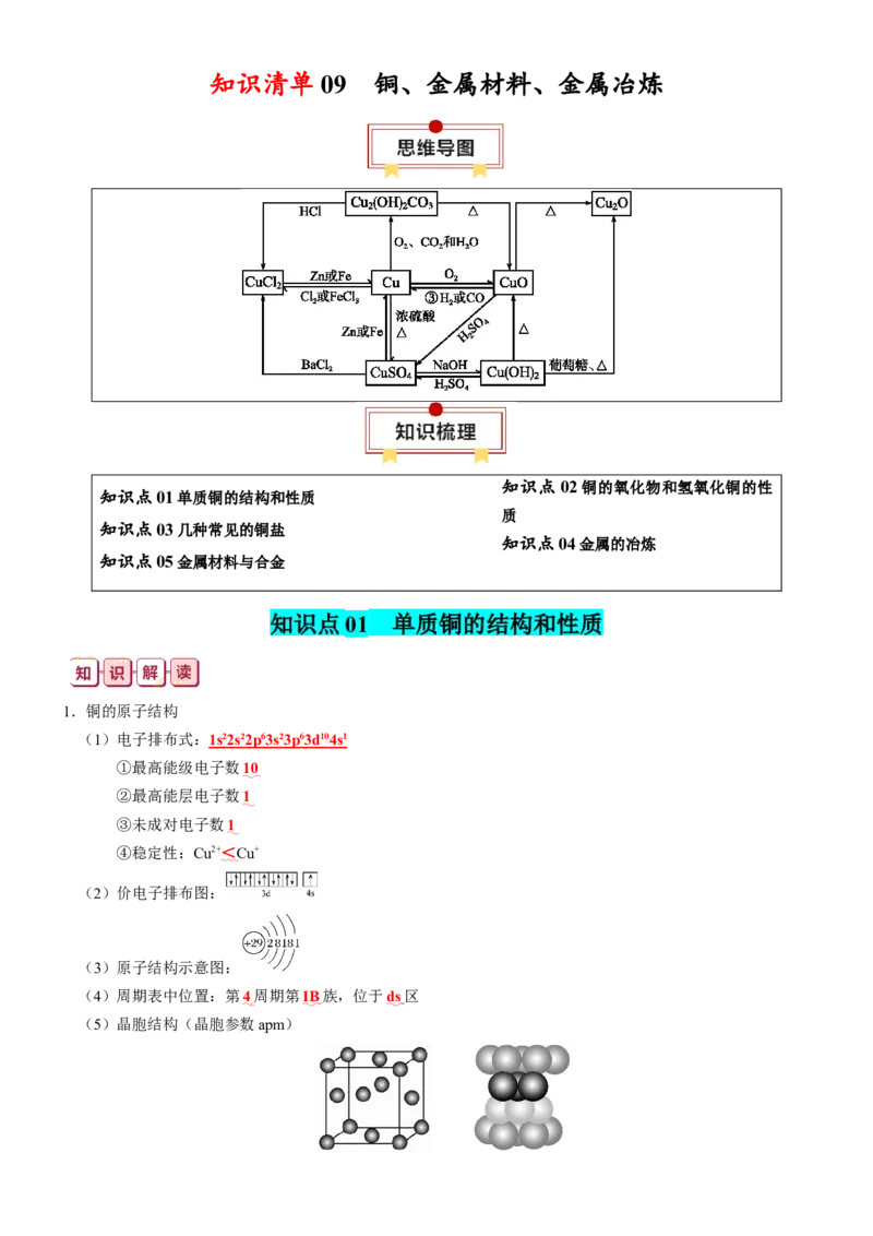 知识清单09++铜、金属材料、金属冶炼-口袋书2024年高考化学一轮复习知识清单_05高考化学_2024年新高考资料_1.2024一轮复习_2024年高考化学一轮复习知识清单