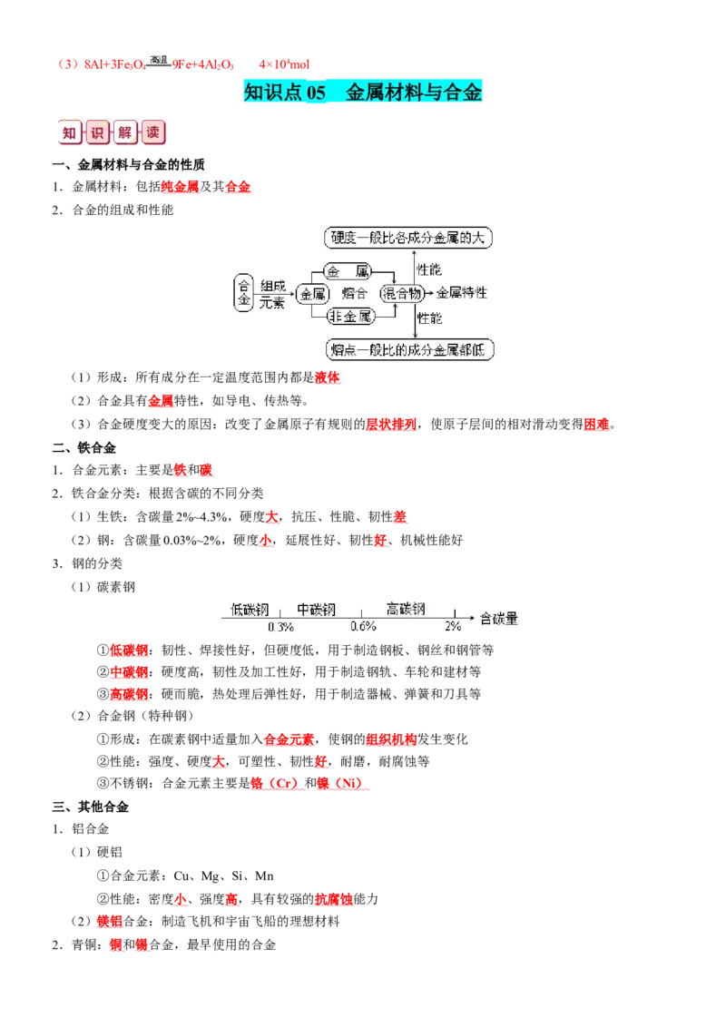 知识清单09++铜、金属材料、金属冶炼-口袋书2024年高考化学一轮复习知识清单_05高考化学_2024年新高考资料_1.2024一轮复习_2024年高考化学一轮复习知识清单