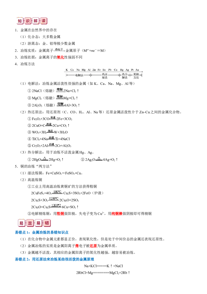 知识清单09++铜、金属材料、金属冶炼-口袋书2024年高考化学一轮复习知识清单_05高考化学_2024年新高考资料_1.2024一轮复习_2024年高考化学一轮复习知识清单