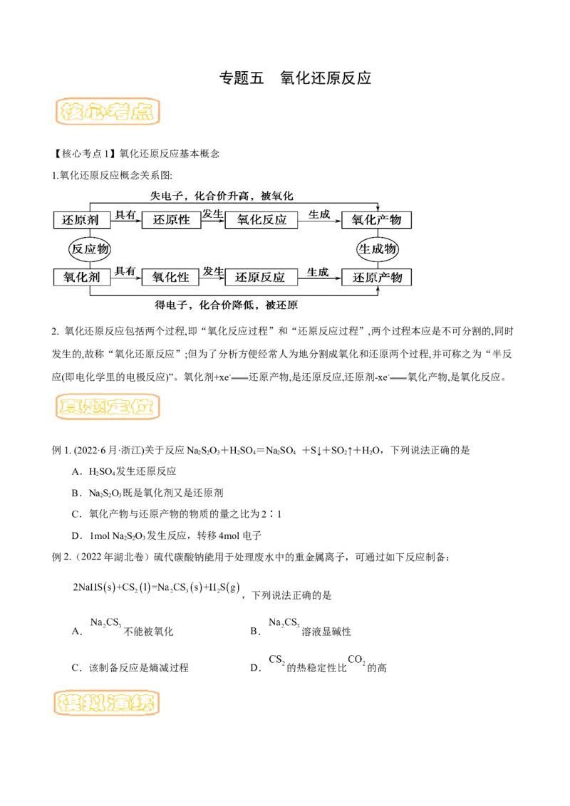 专题五氧化还原反应-冲刺2023年高考化学二轮复习核心考点逐项突破（原卷版）_05高考化学_新高考复习资料_2023年新高考资料_二轮复习
