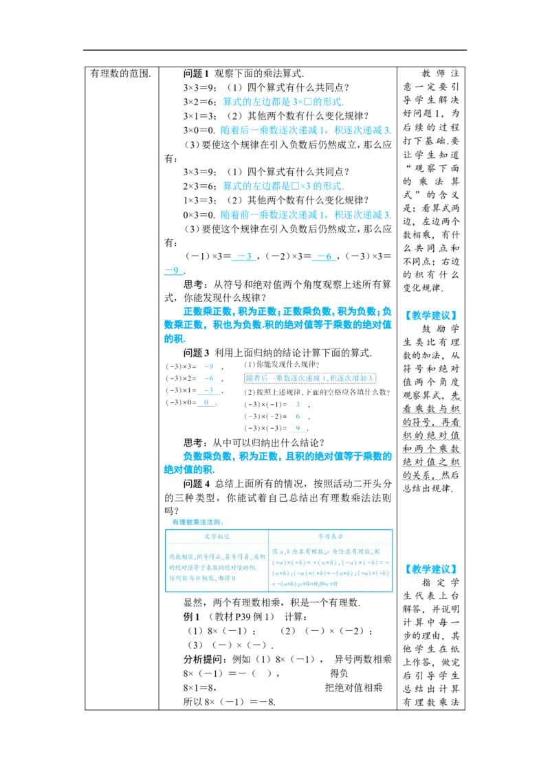 素养目标2.2.2.1有理数的乘法教案（表格式）2024-2025学年人教版数学上册_初中数学人教版_7上-初中数学人教版_7上-初中数学人教版（新版）_04教案