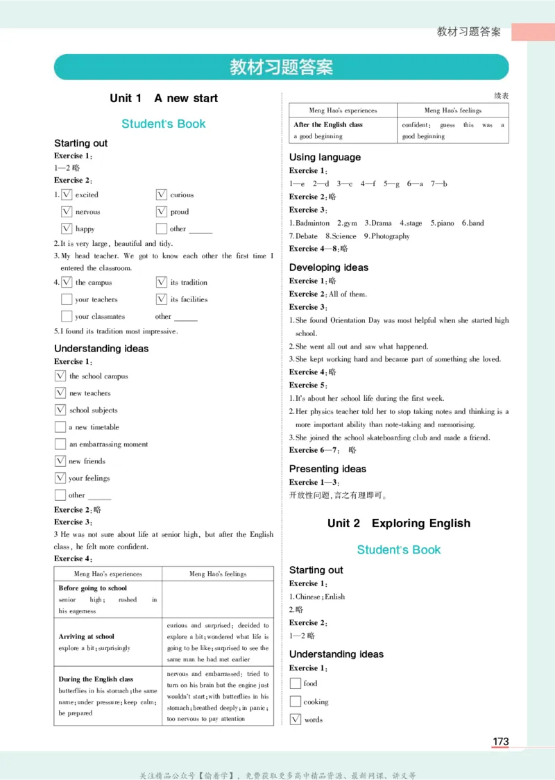 外研必修第1册教材习题答案_高中全套电子教材及答案。_02高中教材参考答案_高中英语_外研版
