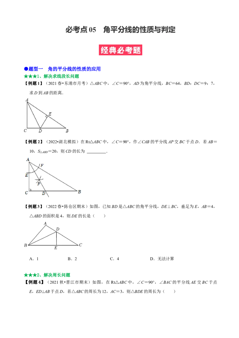 必考点05角平分线的性质与判定-题型&middot;技巧培优系列2022-2023学年八年级数学上册精选专题（人教版）（原卷版）_初中数学人教版_8上-初中数学人教版_旧版_07专项讲练