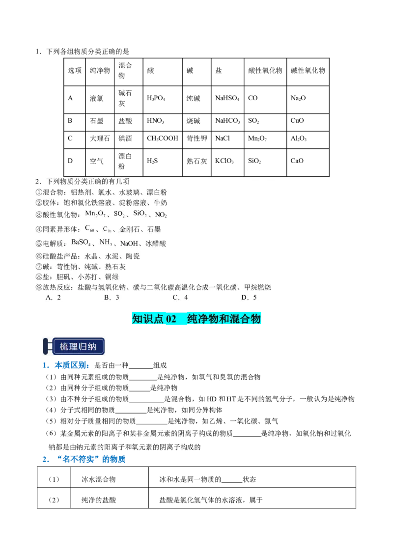 知识清单01物质的分类及转化（原卷版）_05高考化学_2025年新高考资料_一轮复习_上好课2025年高考化学一轮复习知识清单3246985