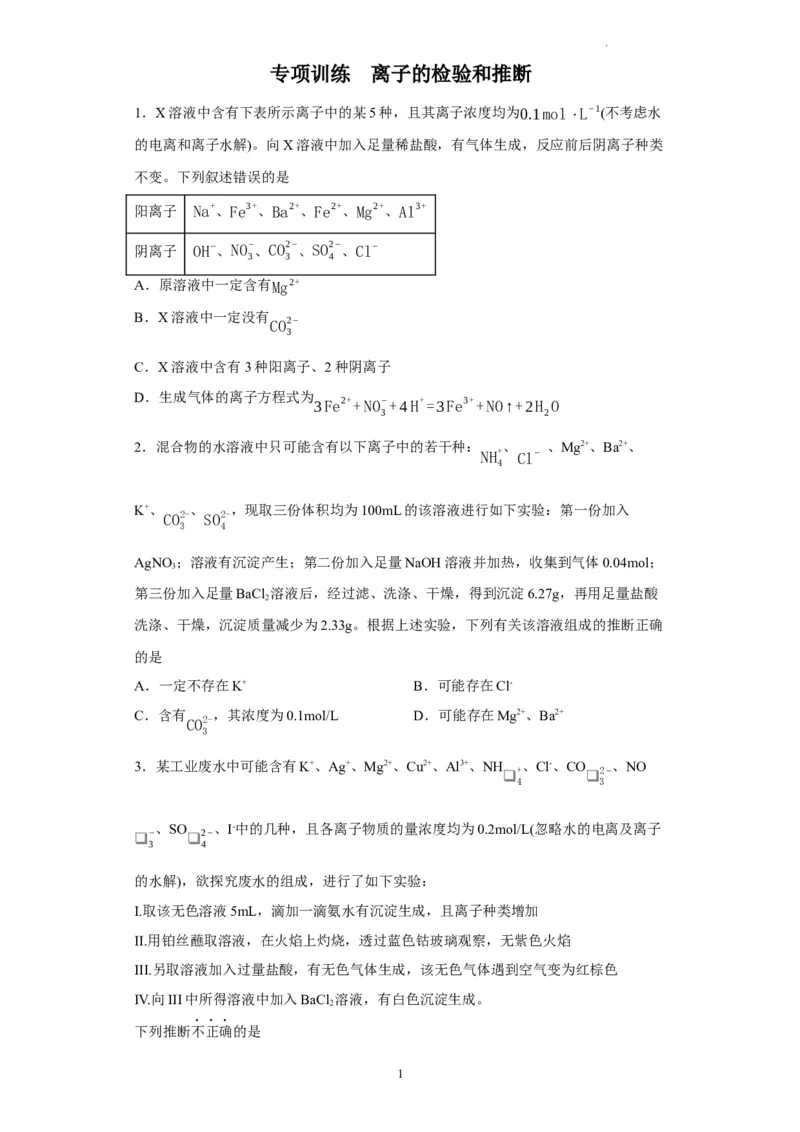 离子的检验和推断（原卷版）_05高考化学_新高考复习资料_2024年新高考资料_一轮复习资料_2024届高三化学一轮复习&mdash;专项训练