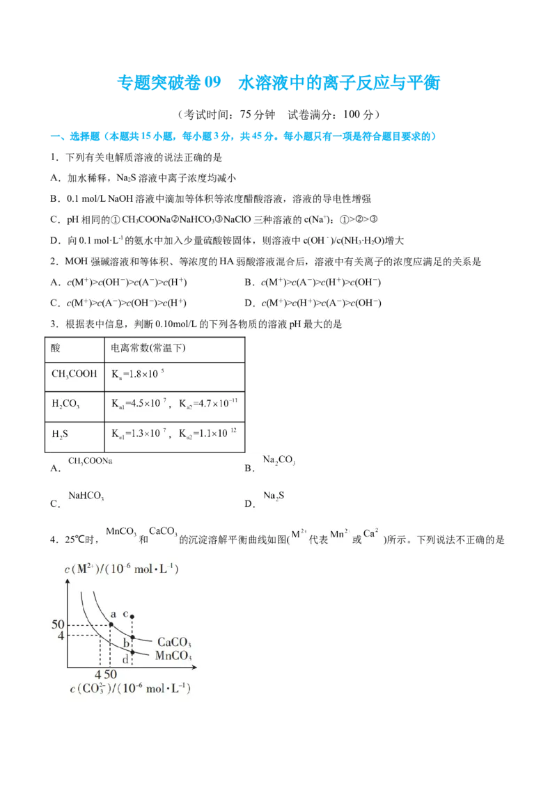 专题突破卷09水溶液中的离子反应与平衡-2024年高考化学一轮复习考点通关卷（新教材新高考）（原卷版）_05高考化学_2024年新高考资料_1.2024一轮复习