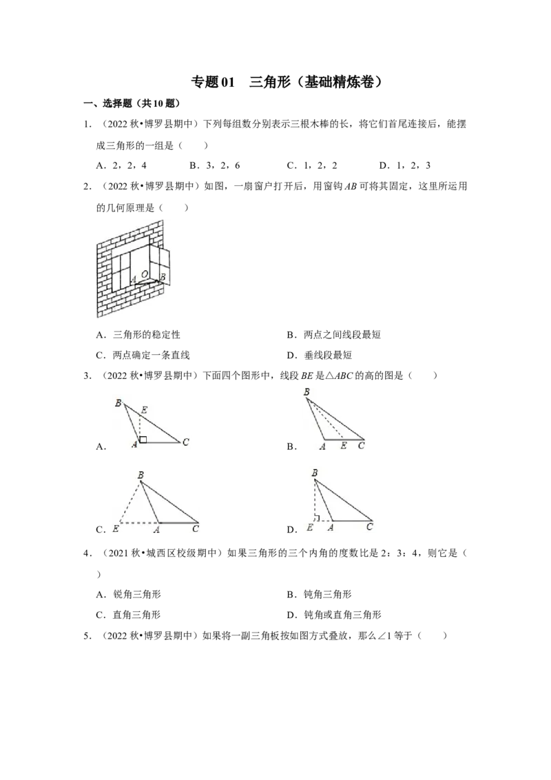 阶段复习专题01三角形（基础精炼卷）（原卷+解析）-2022-2023学年八年级数学上册高分突破必练专题（人教版）_初中数学人教版_8上-初中数学人教版_旧版_07专项讲练