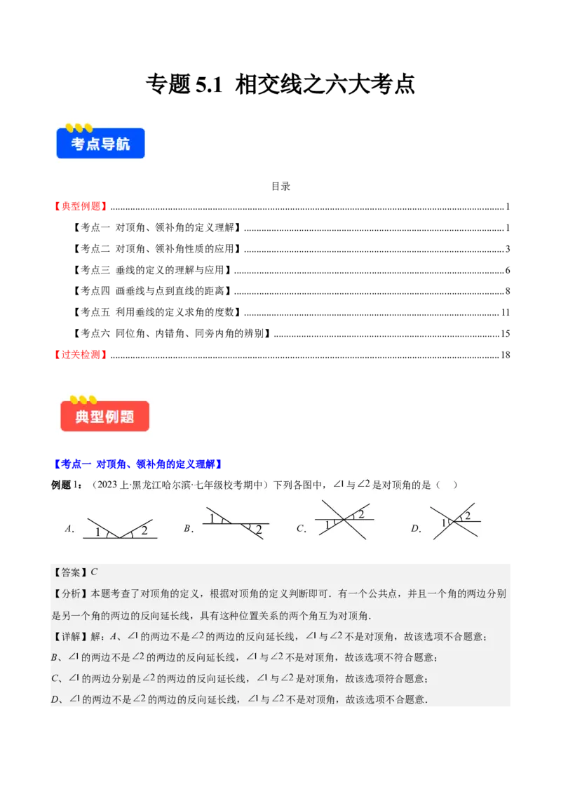 专题5.1相交线之六大考点(解析版)_初中数学人教版_7下-初中数学人教版_7下-初中数学人教版（旧版）赠送_07专项讲练