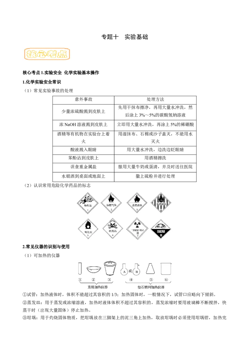 专题十实验基础-冲刺2023年高考化学二轮复习核心考点逐项突破（原卷版）_05高考化学_新高考复习资料_2023年新高考资料_二轮复习
