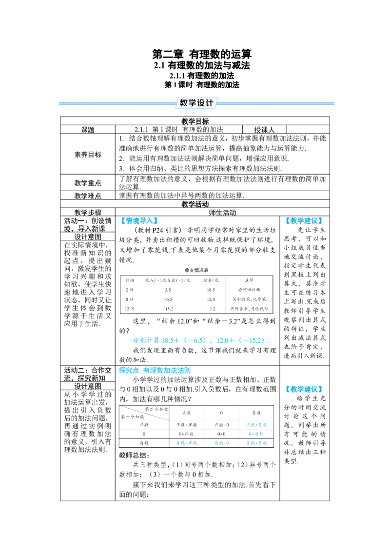 素养目标2.1.1.1有理数的加法教案（表格式）2024-2025学年人教版数学上册_初中数学人教版_7上-初中数学人教版_7上-初中数学人教版（新版）_04教案