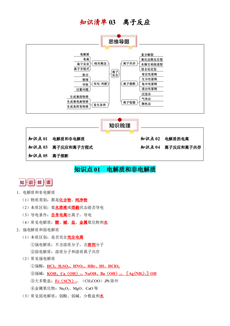 知识清单03++离子反应-口袋书2024年高考化学一轮复习知识清单_05高考化学_2024年新高考资料_1.2024一轮复习_2024年高考化学一轮复习知识清单