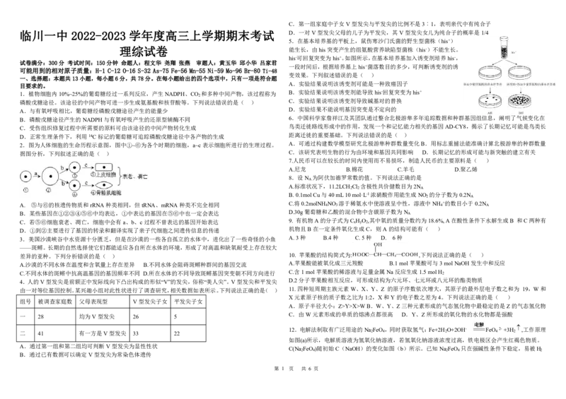 江西省临川第一中学2022-2023学年高三上学期期末考试理综试卷公众号：一枚试卷君_05高考化学_高考模拟题_新高考_2023江西省临川第一中学高三上学期期末考试理综