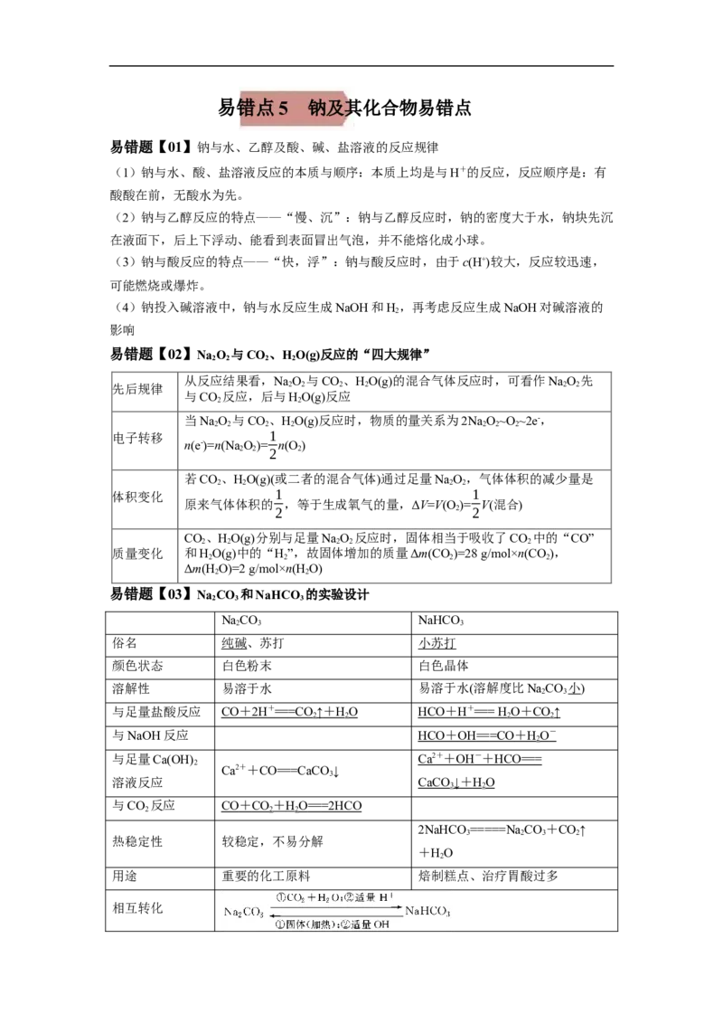 易错点05钠及其化合物-备战2023年高考化学考试易错题（原卷版）_05高考化学_通用版（老高考）复习资料_2023年复习资料_专项复习_备战2023年高考化学考试易错题（全国通用）