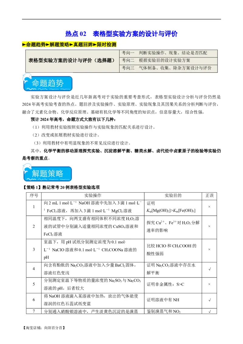 热点02表格型实验方案的设计与评价-2024年高考化学热点&middot;重点&middot;难点专练（新高考专用）（解析版）_05高考化学_新高考复习资料_2024年新高考资料_❤专项复习资料