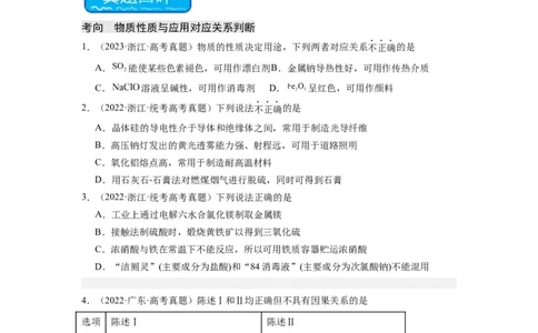 热点06物质性质与应用对应关系判断（原卷版）_05高考化学_2024年新高考资料_3.2024专项复习_2024年高考化学热点&middot;重点&middot;难点专练（江苏专用）