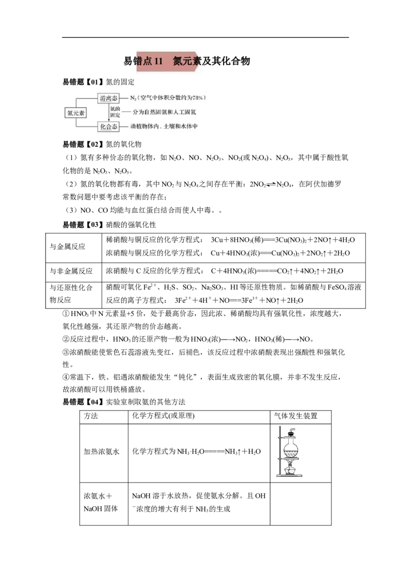 易错点11氮元素及其化合物-备战2023年高考化学考试易错题（原卷版）_05高考化学_通用版（老高考）复习资料_2023年复习资料_专项复习_备战2023年高考化学考试易错题（全国通用）