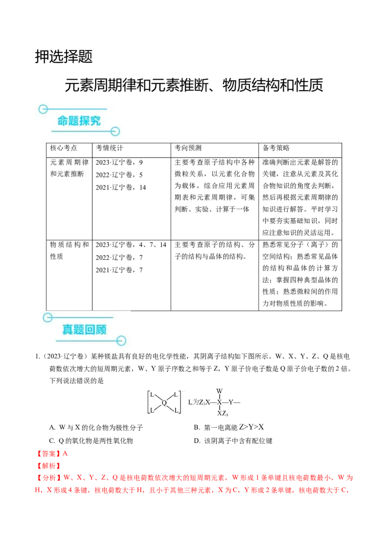 押选择题元素周期律和元素推断、物质结构和性质（解析版）_05高考化学_2024年新高考资料_5.2024三轮冲刺_备战2024年高考化学临考题号押题（辽宁、黑龙江、吉林专用）323497313