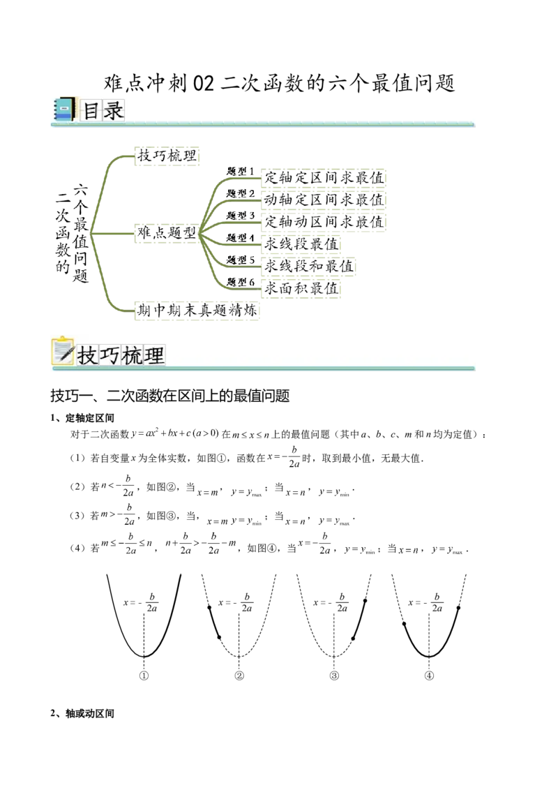 难点冲刺02二次函数的六个最值问题（原卷版）_初中数学人教版_9下-初中数学人教版_07专项讲练_2023-2024学年九年级数学全册重难热点提升精讲与过关测试（人教版）