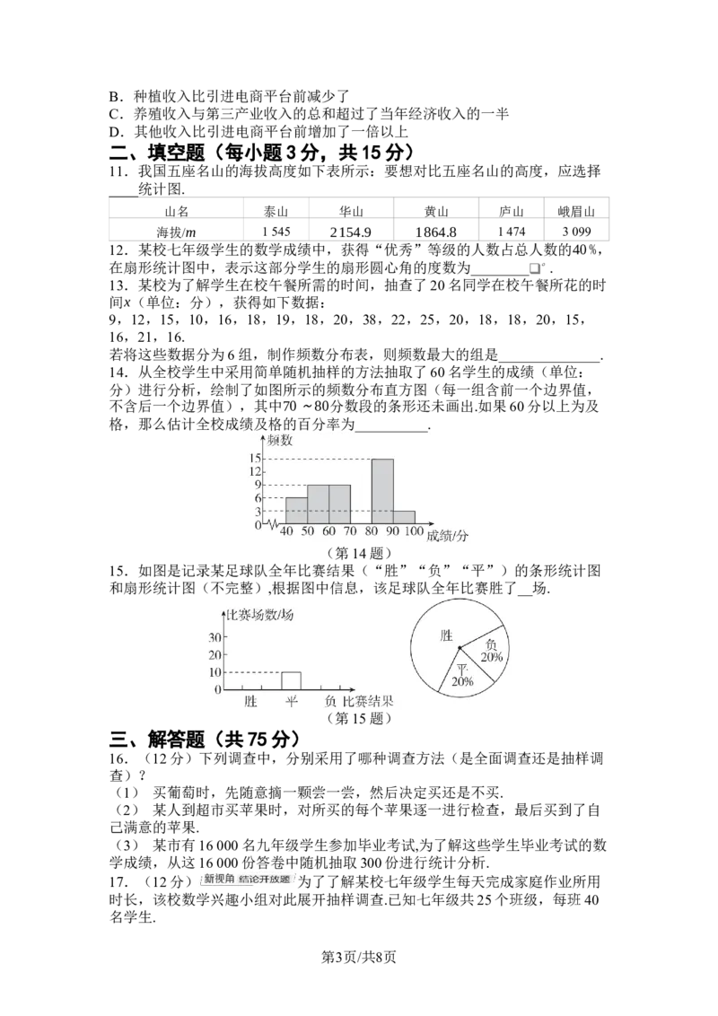 第十二章数据的收集、整理与描述综合素质评价单元测试（含答案）2024-2025学年人教版数学七年级下册_初中数学人教版_7下-初中数学人教版_05习题试卷_单元测试