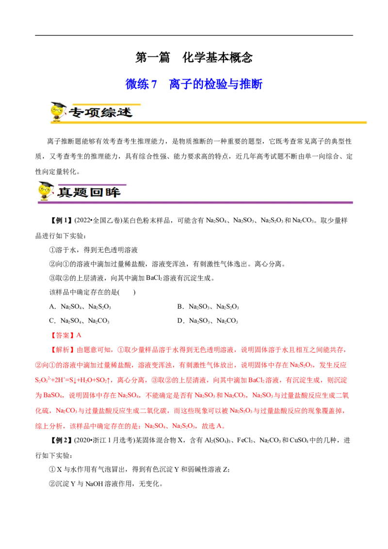 微练7离子的检验与推断（解析版）_05高考化学_新高考复习资料_2023年新高考资料_专项复习_2023年高考化学热点专项导航与精练（新高考专用）