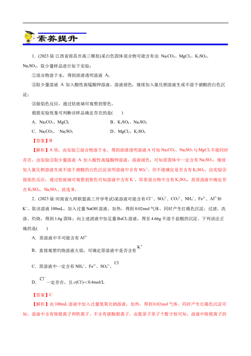 微练7离子的检验与推断（解析版）_05高考化学_新高考复习资料_2023年新高考资料_专项复习_2023年高考化学热点专项导航与精练（新高考专用）