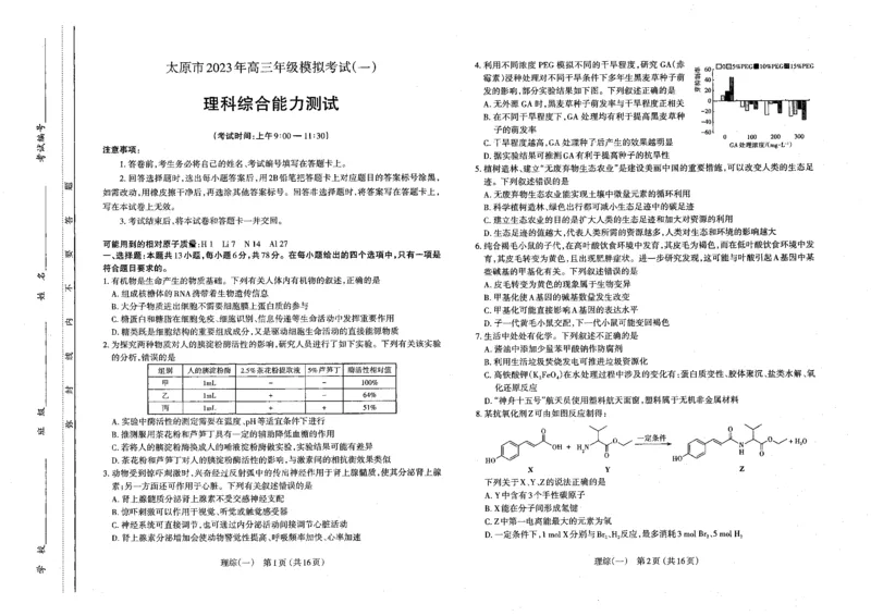 太原市2023高三一模理科综合试卷公众号：一枚试卷君_05高考化学_高考模拟题_新高考_2023年山西省太原市高考一模理科综合_2023年山西省太原市高考一模理科综合