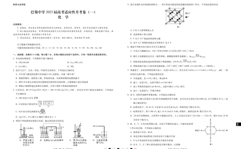 巴蜀中学2023届高考适应性月考卷（一）化学-试卷_05高考化学_高考模拟题_全国课标版_重庆市巴蜀中学2023届高考适应性月考卷（一）化学试卷+PDF版含答案