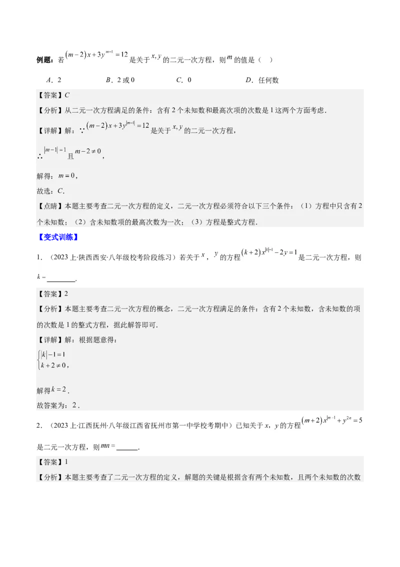 专题8.1二元一次方程(组)的定义与其解之八大考点(解析版)_初中数学人教版_7下-初中数学人教版_7下-初中数学人教版（旧版）赠送_07专项讲练