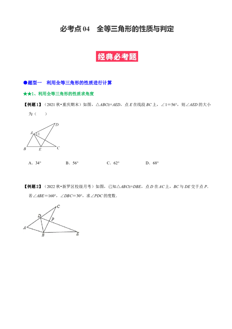 必考点04全等三角形的性质与判定-题型&middot;技巧培优系列2022-2023学年八年级数学上册精选专题（人教版）（原卷版）_初中数学人教版_8上-初中数学人教版_旧版_07专项讲练