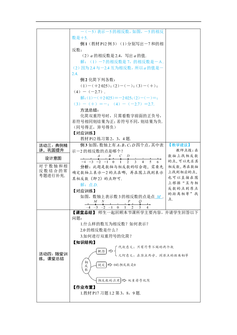 素养目标1.2.3相反数教案（表格式）2024-2025学年人教版数学上册_初中数学人教版_7上-初中数学人教版_7上-初中数学人教版（新版）_04教案_素养目标七年级上册教案（表格式）