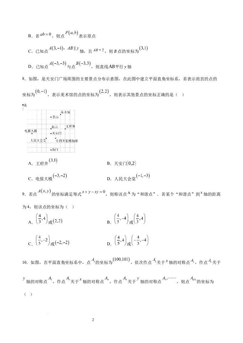 第九章平面直角坐标系（单元重点综合测试）（原卷版）_初中数学人教版_7下-初中数学人教版_7下-初中数学人教版（2025春季新版）持续更新_05习题试卷_单元知识点+测试