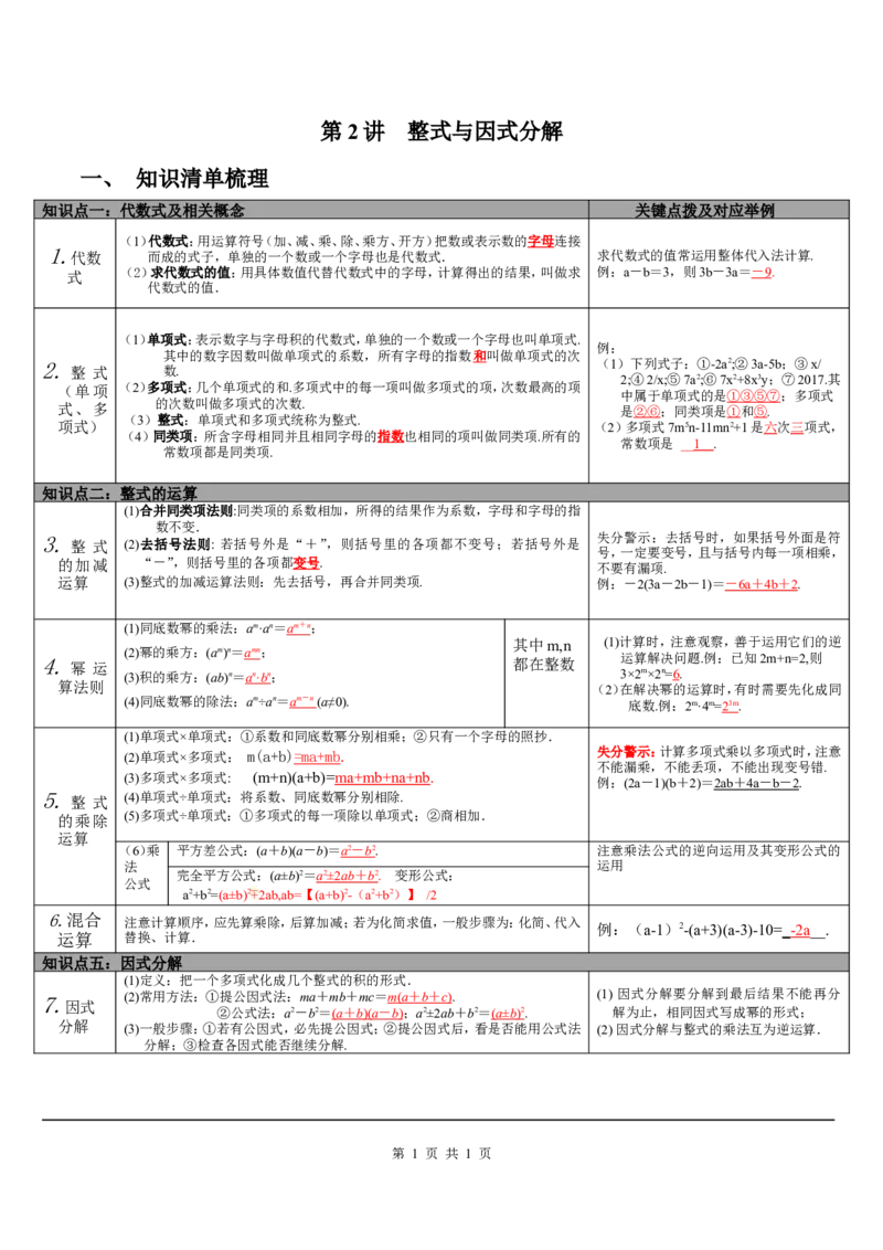 第2讲整式与因式分解_初中数学人教版_9下-初中数学人教版_08知识点_中考知识点梳理（通用）_第一单元数与式