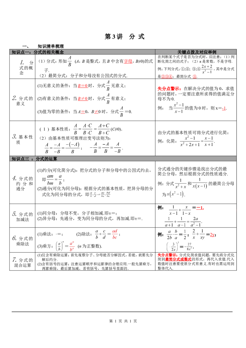 第3讲分式_初中数学人教版_9下-初中数学人教版_08知识点_中考知识点梳理（通用）_第一单元数与式