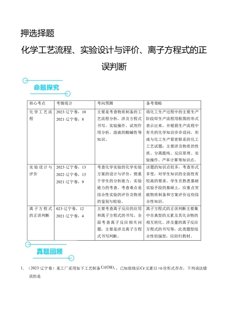 押选择题化学工艺流程、实验设计与评价、离子方程式正误判断（原卷版）-备战2024年高考化学临考题号押题（辽宁、黑龙江、吉林专用）_05高考化学_2024年新高考资料_5.2024三轮冲刺