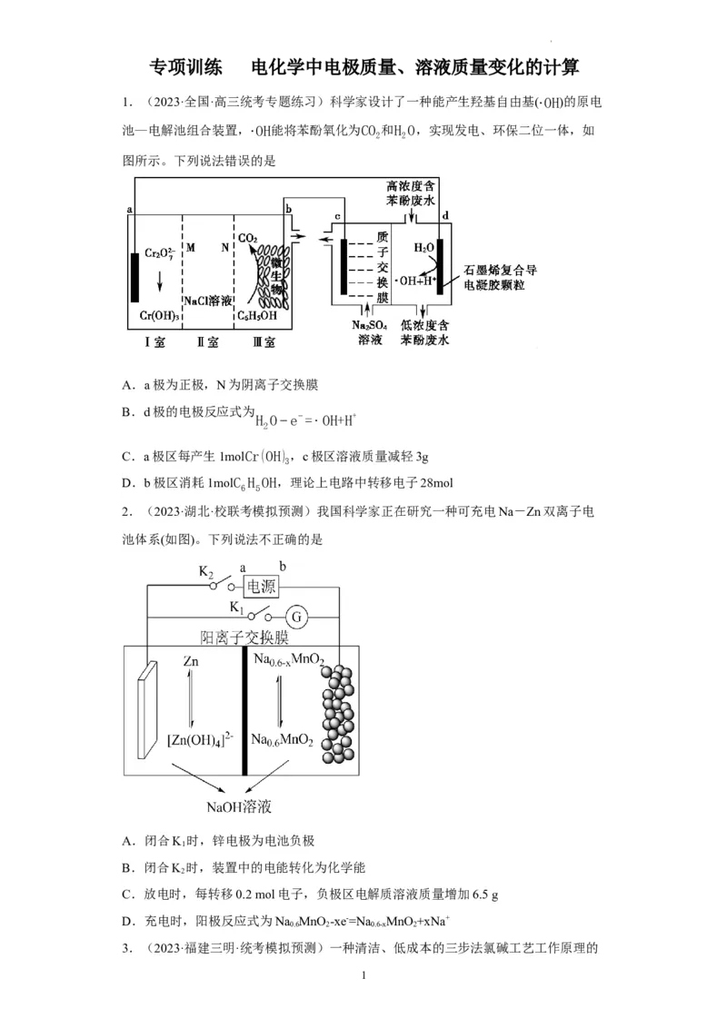 电化学中电极质量、溶液质量变化的计算（原卷版）_05高考化学_新高考复习资料_2024年新高考资料_一轮复习资料_2024届高三化学一轮复习&mdash;专项训练