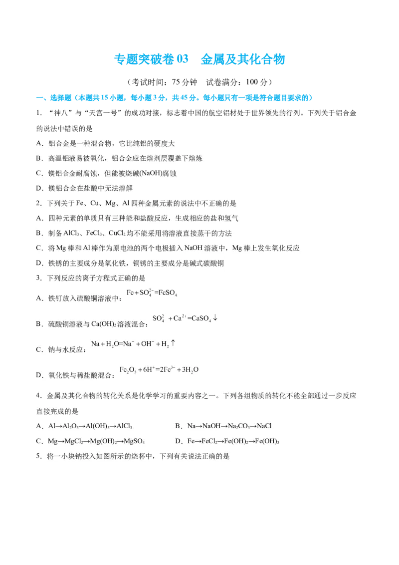 专题突破卷03&nbsp;金属及其化合物-2024年高考化学一轮复习考点通关卷（新教材新高考）（原卷版）_05高考化学_2024年新高考资料_1.2024一轮复习