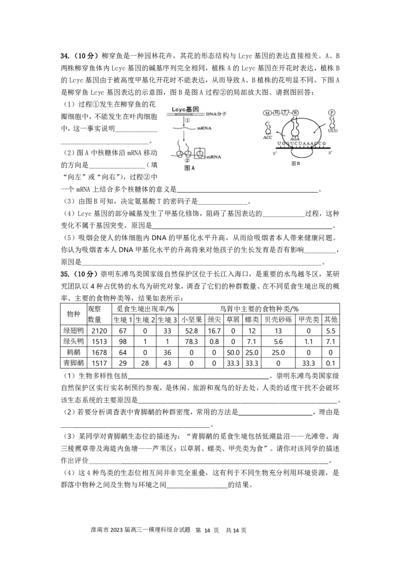 淮南市2023届高三&ldquo;一模&rdquo;理综试卷_05高考化学_高考模拟题_全国课标版_2023安徽省淮南市高三第一次模拟考试理综_2023安徽省淮南市高三第一次模拟考试理综