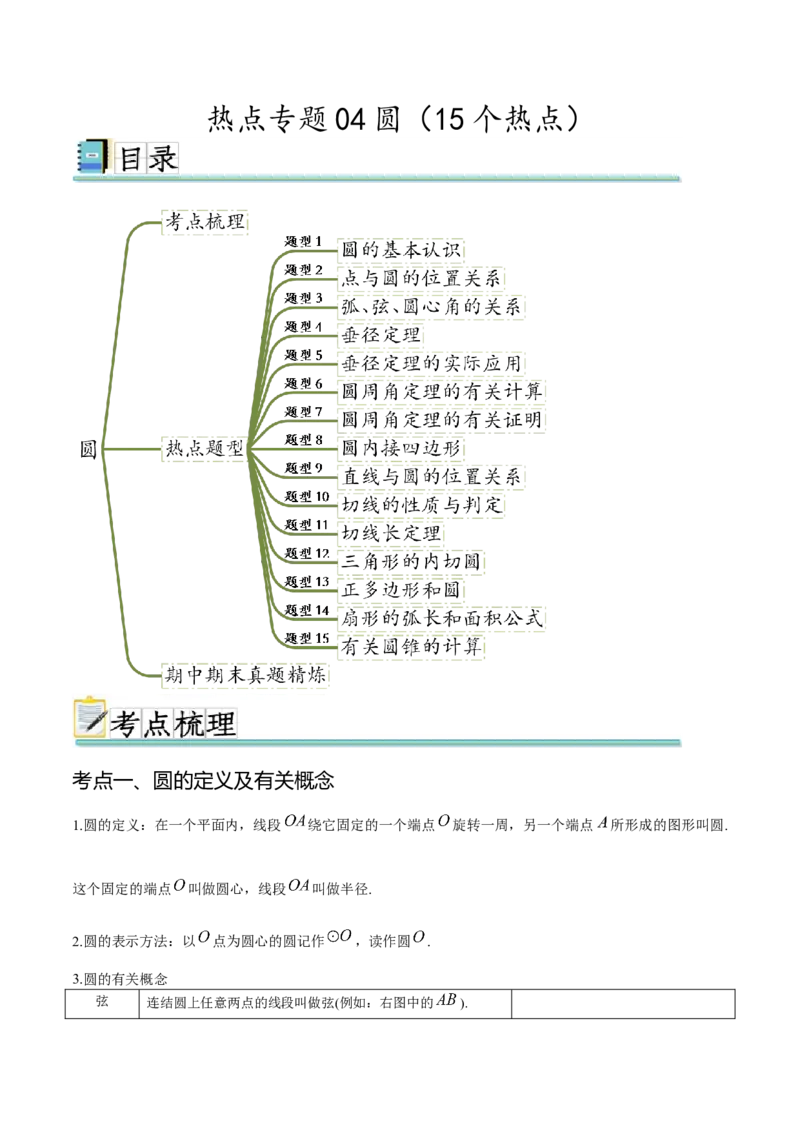 热点专题04圆（15个热点）（原卷版）_初中数学人教版_9下-初中数学人教版_07专项讲练_2023-2024学年九年级数学全册重难热点提升精讲与过关测试（人教版）