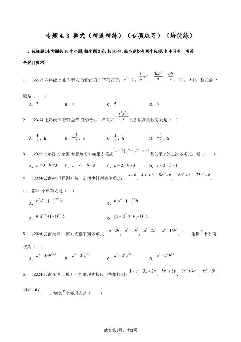 专题4.3+整式（精选精练）（专项练习）（培优练）-2024-2025学年七年级数学上册基础知识专项突破讲与练（人教版）_初中数学人教版_7上-初中数学人教版_7上-初中数学人教版（新版）